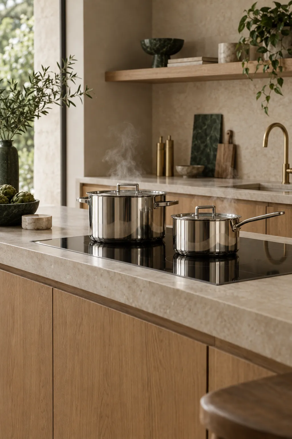 Polished stainless steel pots on an induction cooktop in an oak and limestone kitchen
