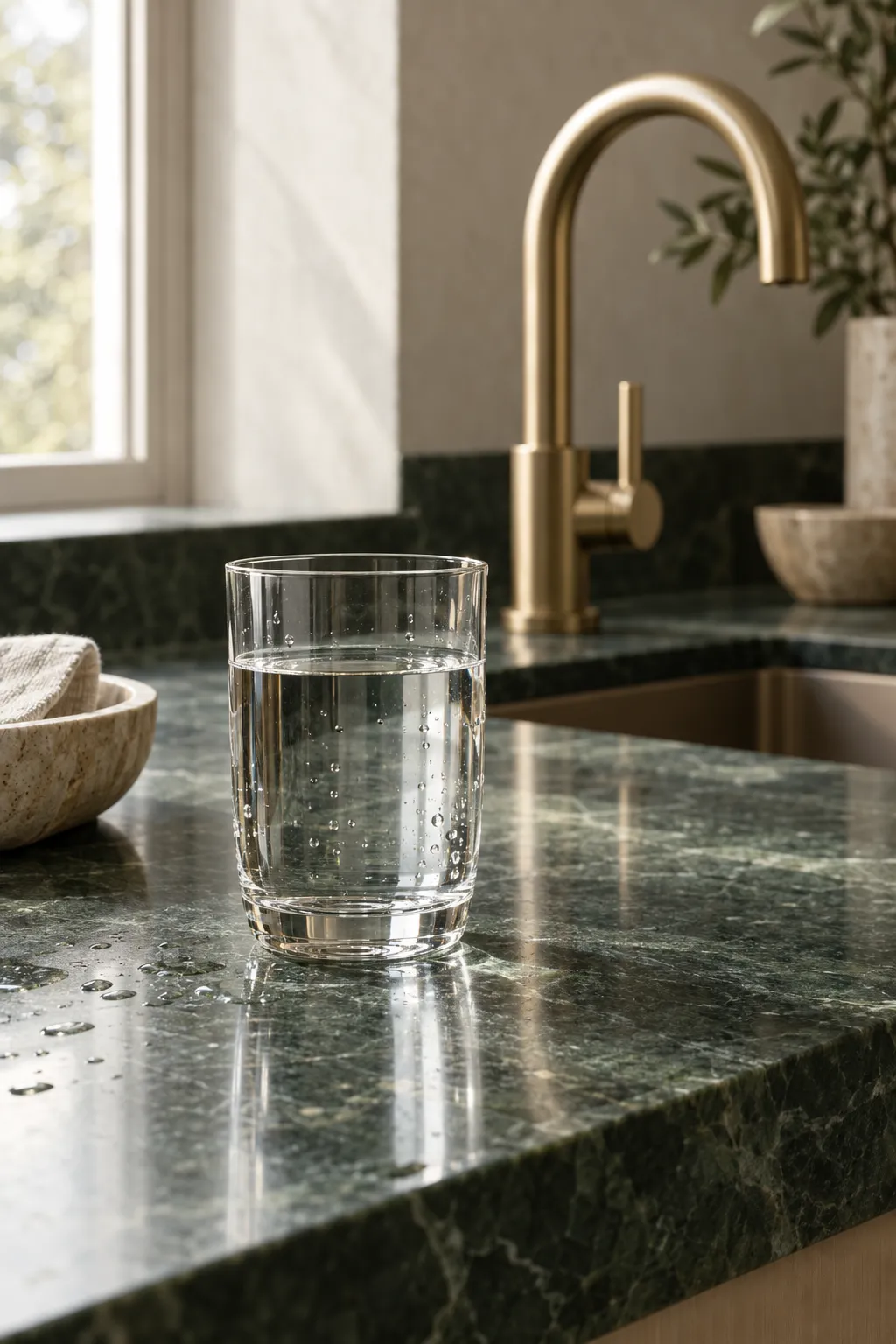 A clear glass of water on a dark green marble counter beside a brass tap