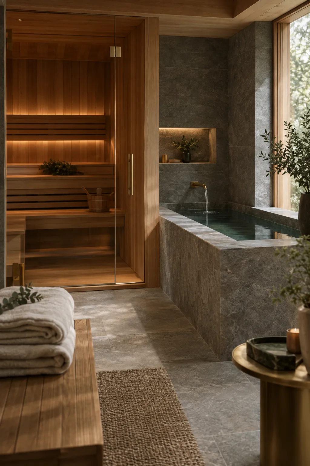 Cedar home sauna beside a stone cold plunge pool
